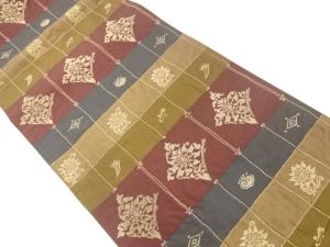 変わり格子に花更紗模様織出し袋帯